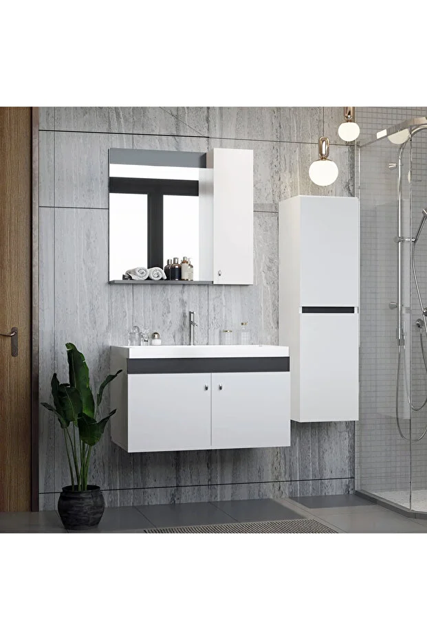 New Bahar 80 Cm Lavabolu Banyo Dolabı Seti,boy Dolap Hediyeli